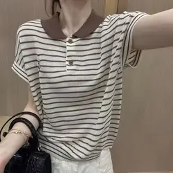 Women's Summer Pullover Turn-down Collar Button Striped Sweater Knitted Short Sleeve T-shirt Casual Loose Elegant Vintage Tops