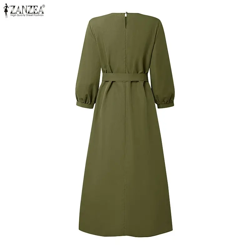 ZANZEA 여성 드레스 우아한 스트리트웨어 파티 드레스 3/4 소매 벨트 캐주얼 롱 셔츠 로브 2026 봄 솔리드 O넥 선드레스