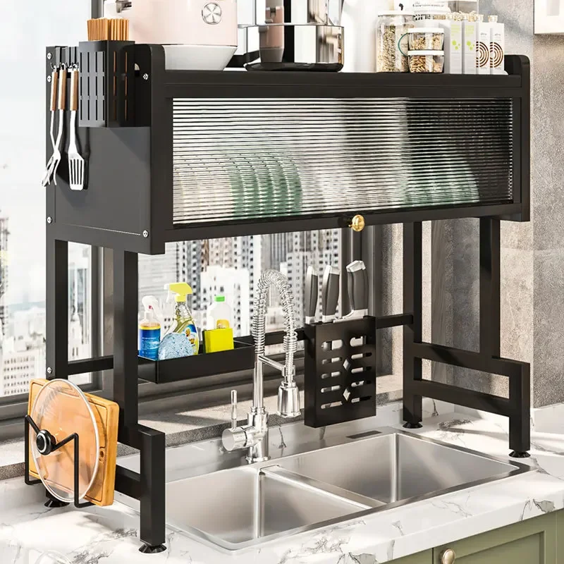 Two layers of dish drying racks above the sink, with dust-proof cabinet doors and large storage space in the kitchen