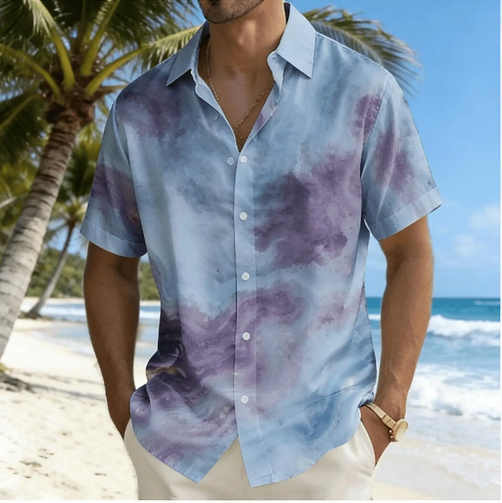 Retro Stone Pattern Abstract Wave Print Short Sleeved Shirt, Breathable Men's Casual Shirt for Summer