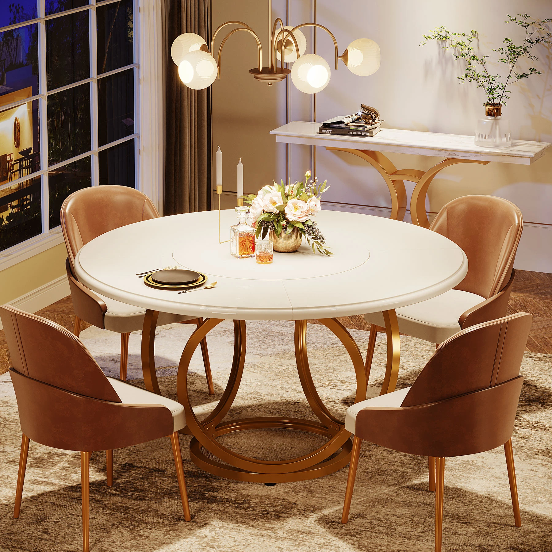 ##Tribesigns Luxury  Round Marble Veneer Sintered Stone Top Gold White Dining Table Home Furniture Round Gold Kitchen Tables
