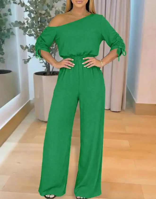 Jumpsuit Women 2026 Spring New Skew Neck Drawstring Sleeve Elastic Waist Overalls Casual High Waist Wide Leg Jumpsuit