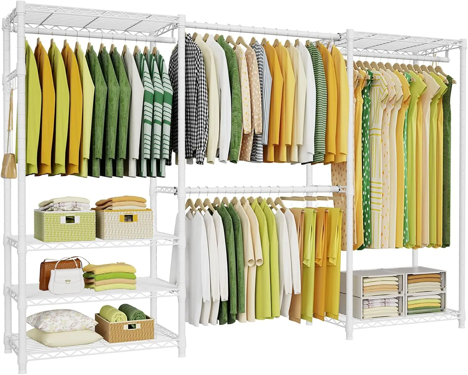 Heavy Duty Closet Garment Rack Expandable Metal Clothing Organizer With Adjustable Shelves And Four Hanging Rods Easy Assembly Freestanding Wardrobe Storage Rack For Bedroom White 1 Pack