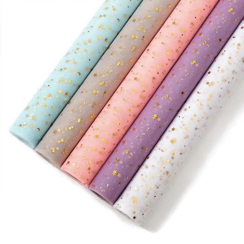

Star Moon Gold Stamped Tulle Mesh Roll for Floral Gift Packaging - 5 Yards, 48cm Wide Multipurpose Tulle