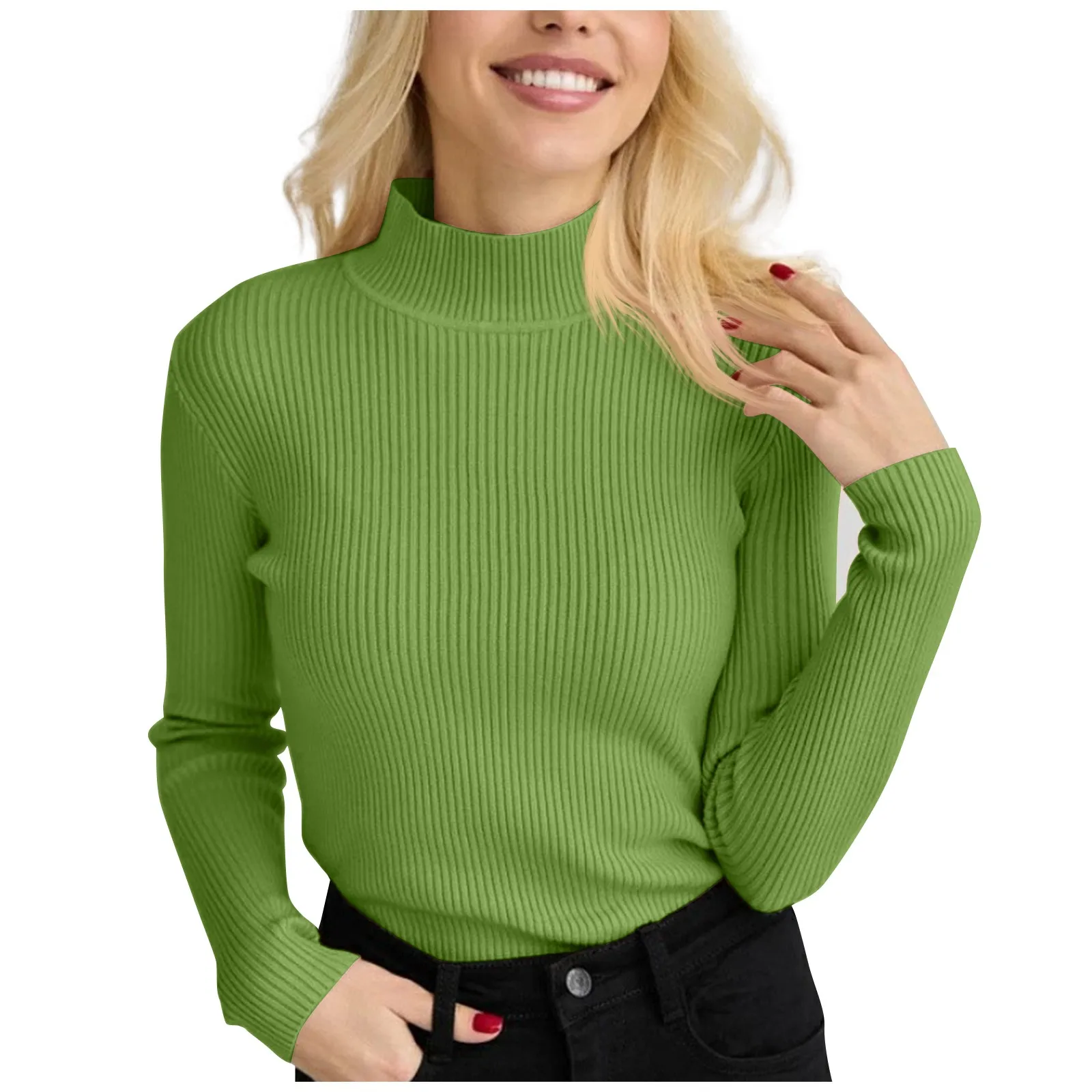 Women\'s Sweater Half High Neck Solid Slim Fit Versatile Knitted Round Neck Long Sleeves Pullover Sweater