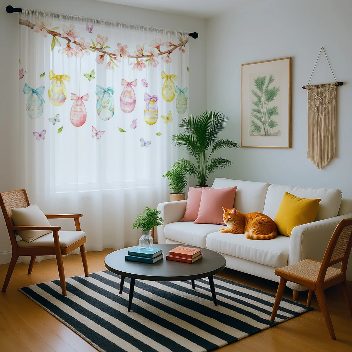 1PC Easter Egg Sheer Curtain - Hanging Egg & Cherry Blossom Pattern Pole Window Curtain for Spring Decor