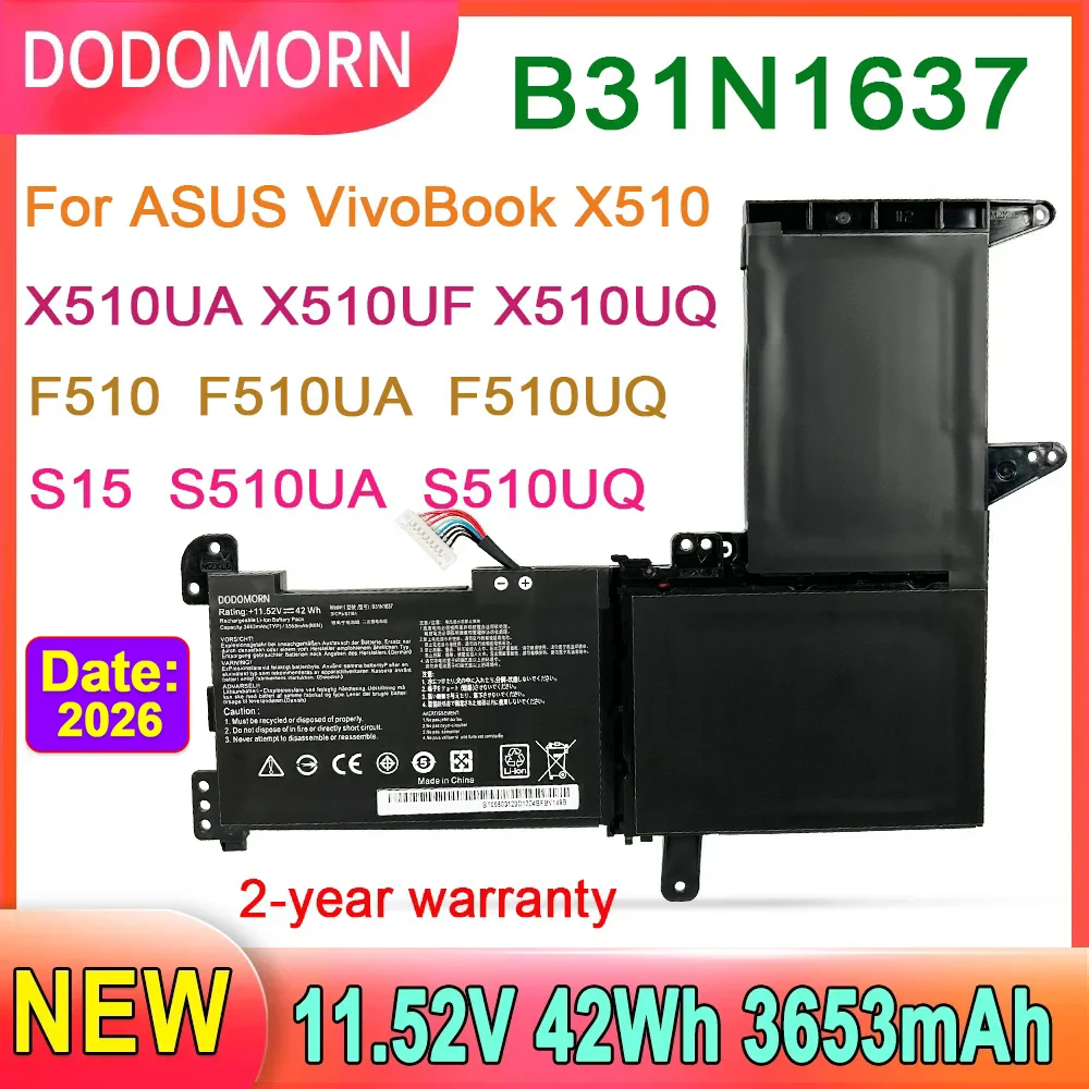 DODOMORN-Batería de ordenador portátil B31N1637 para ASUS X510 X510UA X510UF X510UQ VivoBook S15 S510UA S510UQ S510UN S510UR F510UA F510UQ 42WH