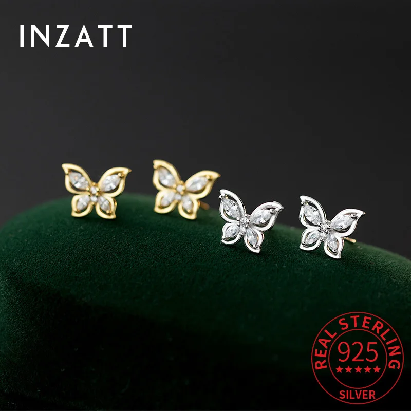 

INZATT настоящее серебро 925 пробы 18 К циркон бабочка мини-серьги-гвоздики для женщин милые изящные ювелирные изделия аксессуары с насекомыми
