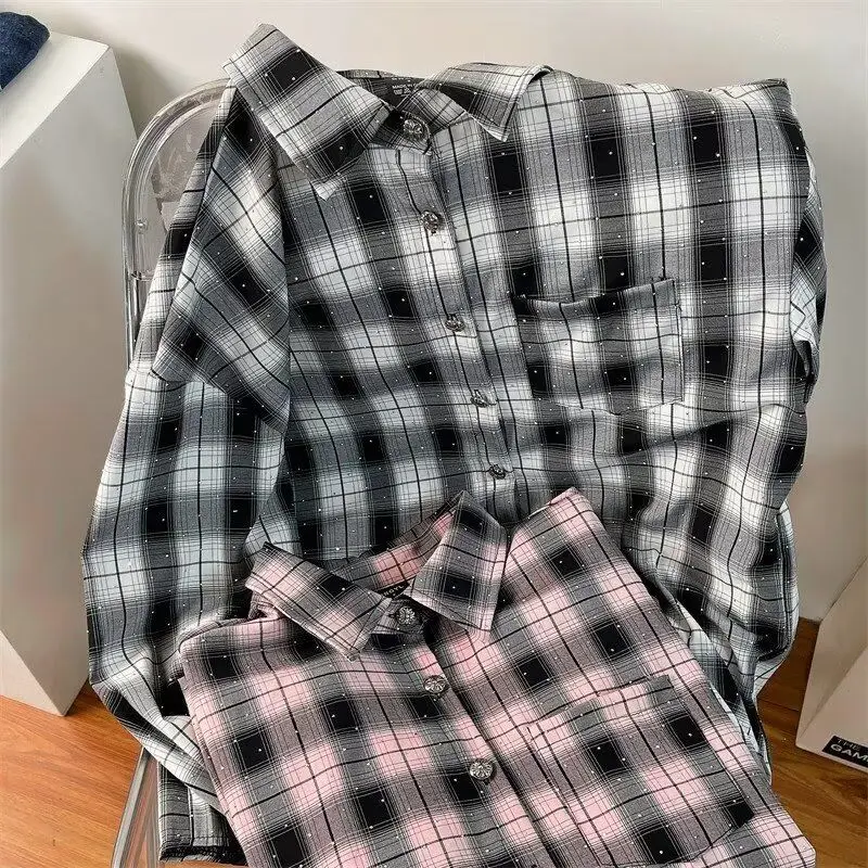 Fashionable Plaid Diamond Encrusted Long Sleeve Shirt Couple's Summer New Design Thin Outerwear Women's Clothing Special Wide