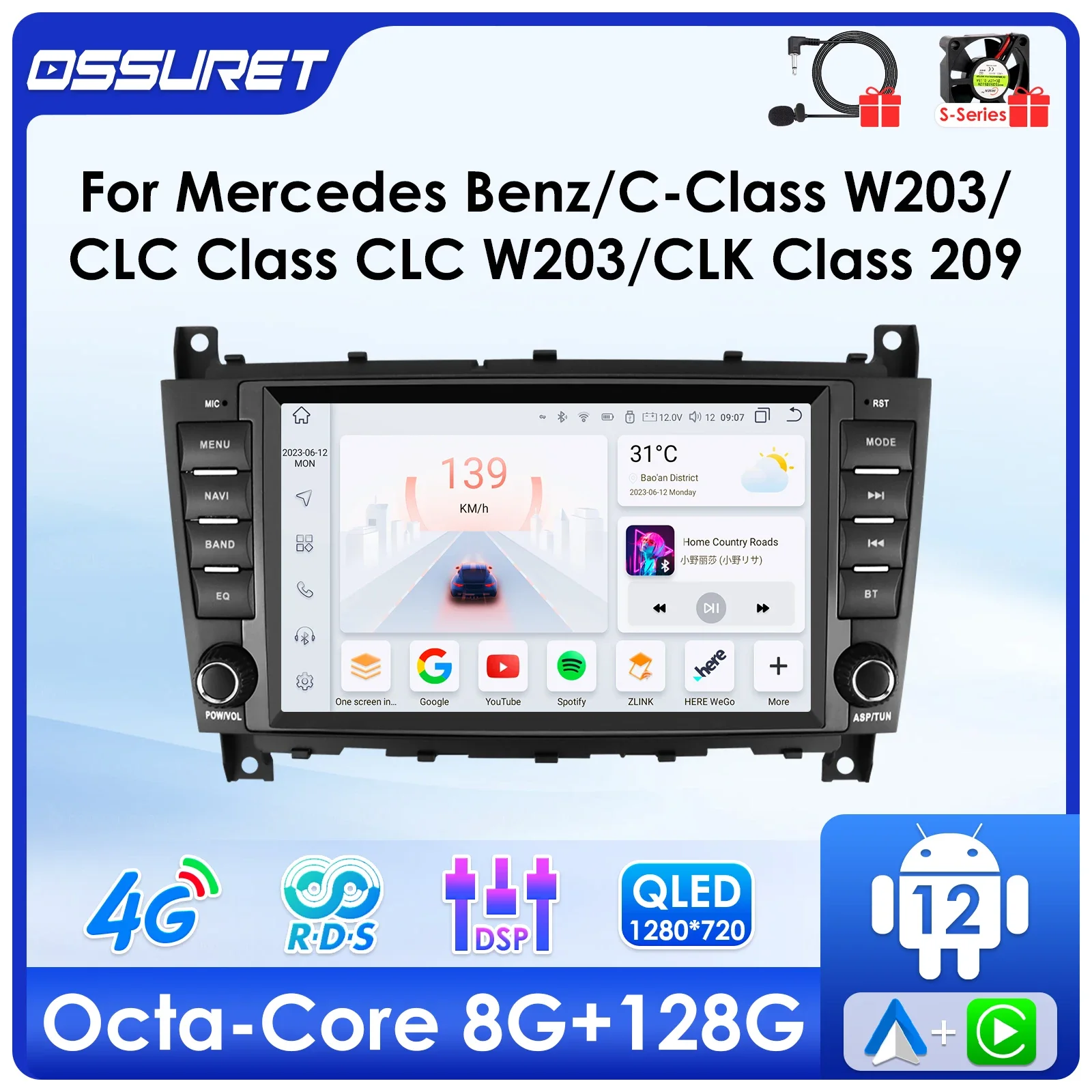 Android 12 rádio do carro gps estéreo para mercedes benz w203 c180 c320 c55/w209 clk200 clk220 reprodutor de vídeo multimídia 4g wifi carplay