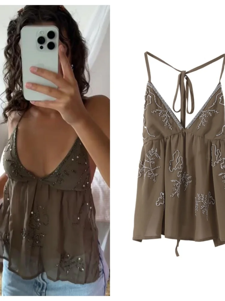 ビーズ刺繍スパンコールドレス レディース シースルー ノースリーブ バックレス Vネック セクシーローブ 女性 2025 夏 イブニングパーティー バケーションドレス