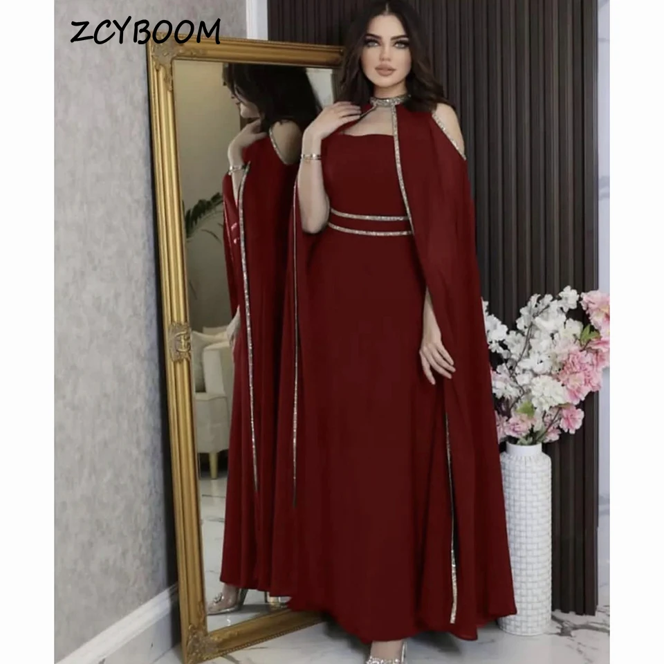 

Elegant Burgundy Sequin High-Neck Shawl Evening Dress 2025 A-Line Floor Length Off The Shoulder Chiffon Custom Made Prom Dress