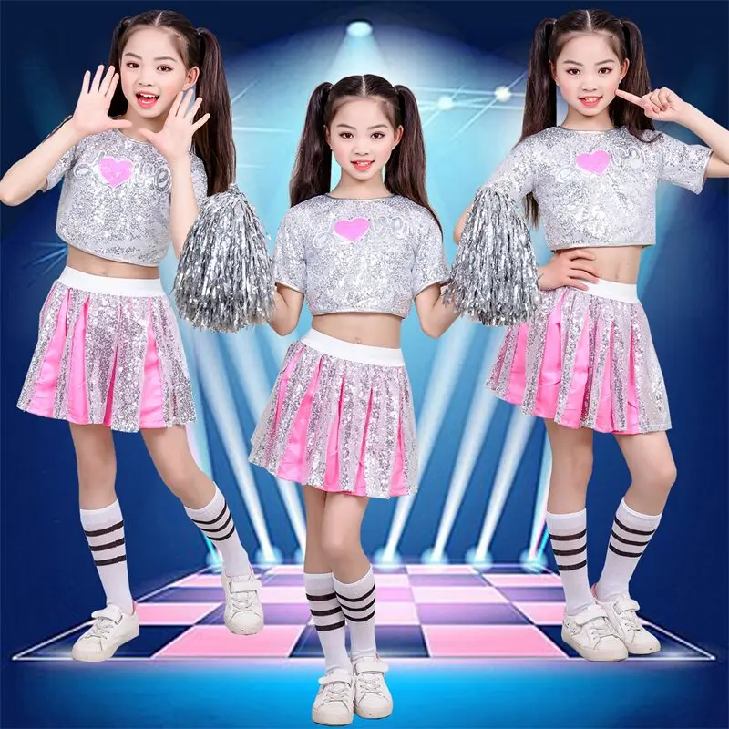 Kids Sequined Jazz Dance Costume Girl Crop Top Hip Hop Dance Clothes Modern Cheerleading Dancewear Training Competition Outfit