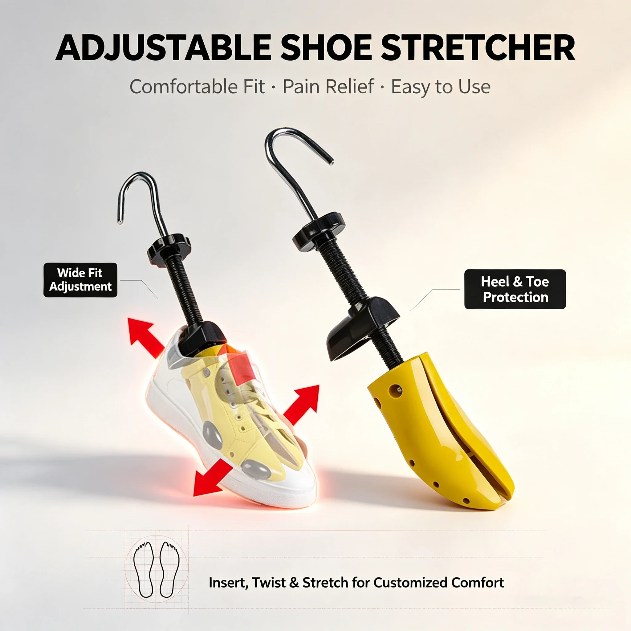 Adjustable Shoe Stretcher with Metal Screw Rod, 2 Way Width and Length Expander for Men Women, Fits Flats, Sneakers and Heels