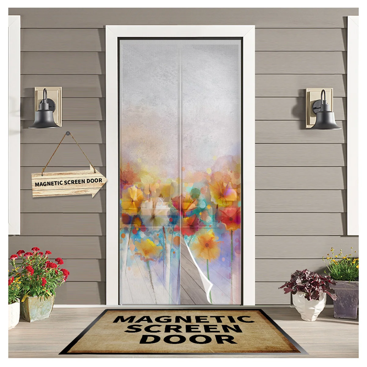 Colorful Watercolor Painting Of Flowers Magnetic Screen Door Curtains Mosquito Net Door Curtain for Bedroom Kitchen Door Screens