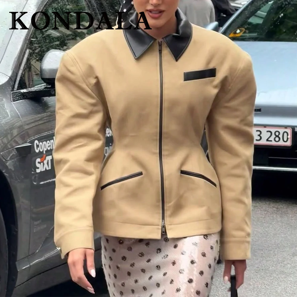 KONDALA Chic Fall Streetwear Khaki PU Collar 2025 Luxurious Women Zipper Jacket Fashion 2025 Female Modern High Street Outwear