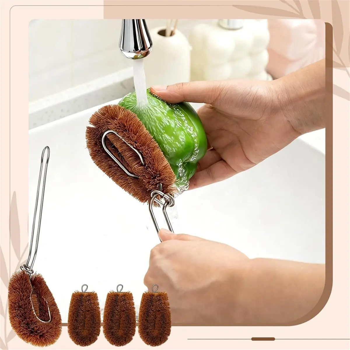 【TODAY-BUY】~@ Coconut Coir Fiber Brush with Handle,3 Scrub Brush Heads Ideal for Fruit Veggie Scrub Wash,Kitchen Cleaning Needs