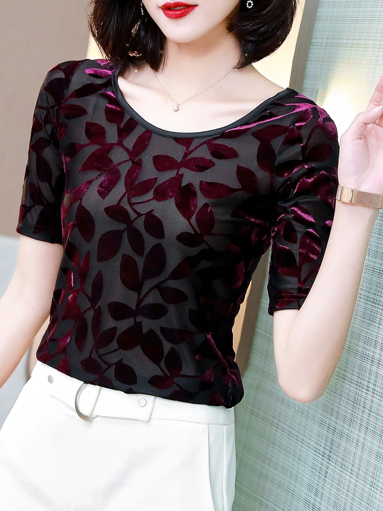 2024 New Product Mesh Female Printed Leaves T-shirt Spring Summer Woman M-3XL Half Sleeves Slim O-neck Charming Chic