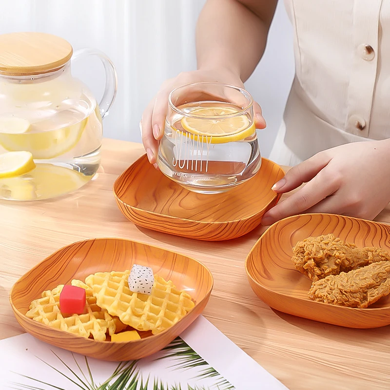 Creative Imitation Wood Serving Plate,Imitation Wood Square Serving Tray, Fruit Dessert Cake Snack Candy Platter PP Bowls