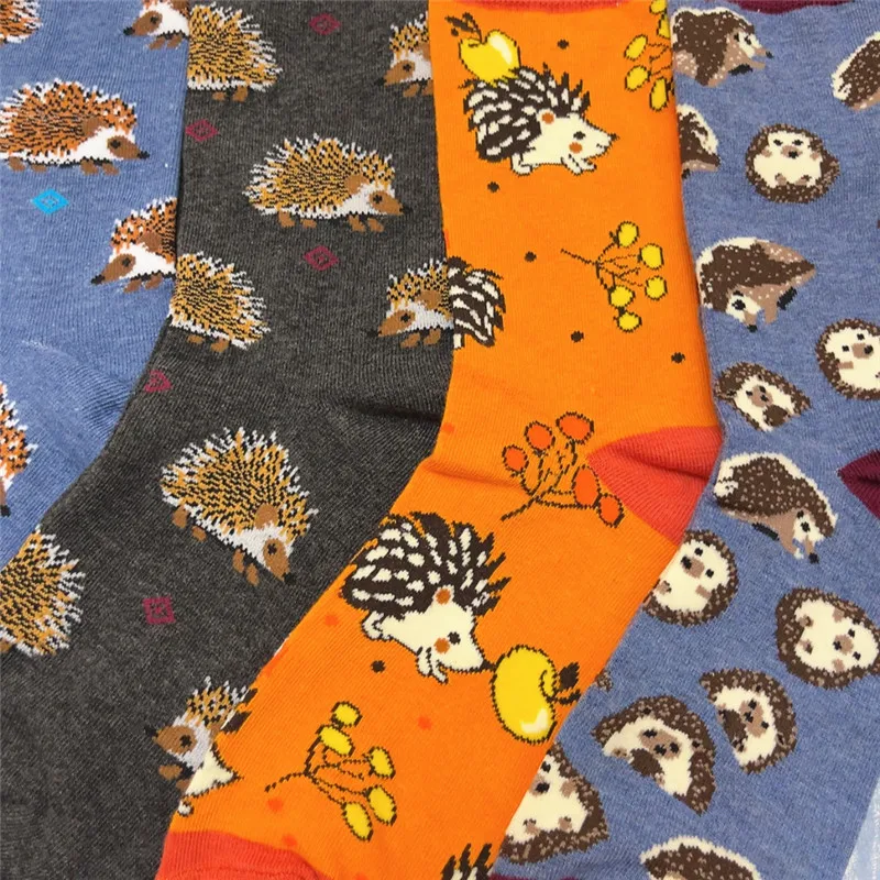 1Pair Adult Size Mid Calf Crew Cartoon Hedgehog Cottton Unisex Socks British Style Casual Harajuku Forest Animal Art Couple Fun