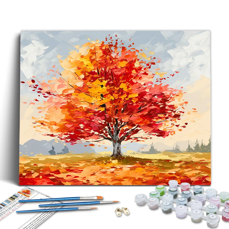 

RUOPOTY Paint By Numbers Landscape Maple Leaf Tree in Autumn Drawing Brushes Paintings On Number Picture Frame Watercolor Draw