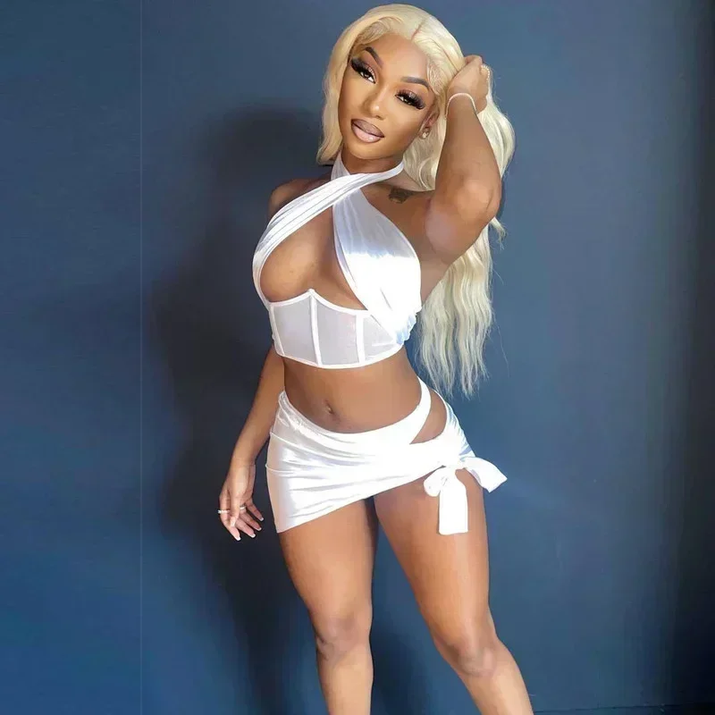 

GUWU Sexy Club Party 2 Piece Dress Sets 2024 Rave Clothes Two Piece Set Women Satin Crost Top and Mini Skirts Suit