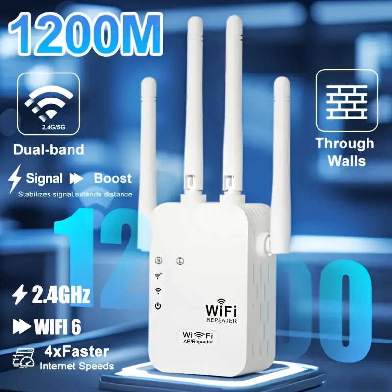 

2.4GHz WiFi Range Extender 2 Ethernet Ports External Antennas 360° Full Coverage Signal Booster One‑Key Setup For Home Office