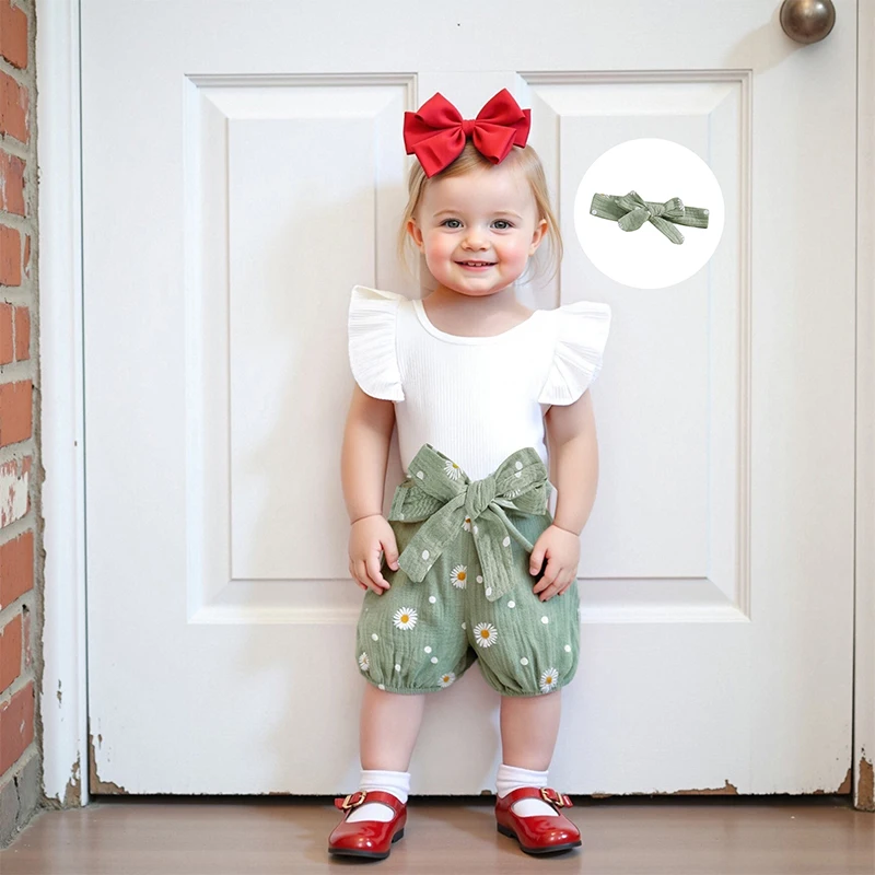 

Adorable Toddler Summer Ensemble with Frilly Flutter Sleeve Floral Print Bottoms Matching Hair Bow and Belt - 4 Piece