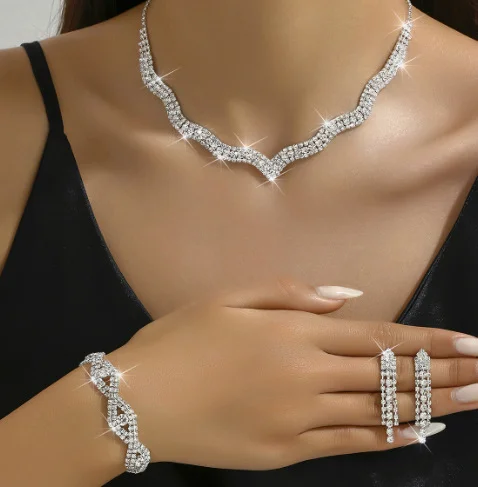 

Luxurious and fashionable women's diamond-encrusted necklace and earrings set. Elegant evening banquet accessories.