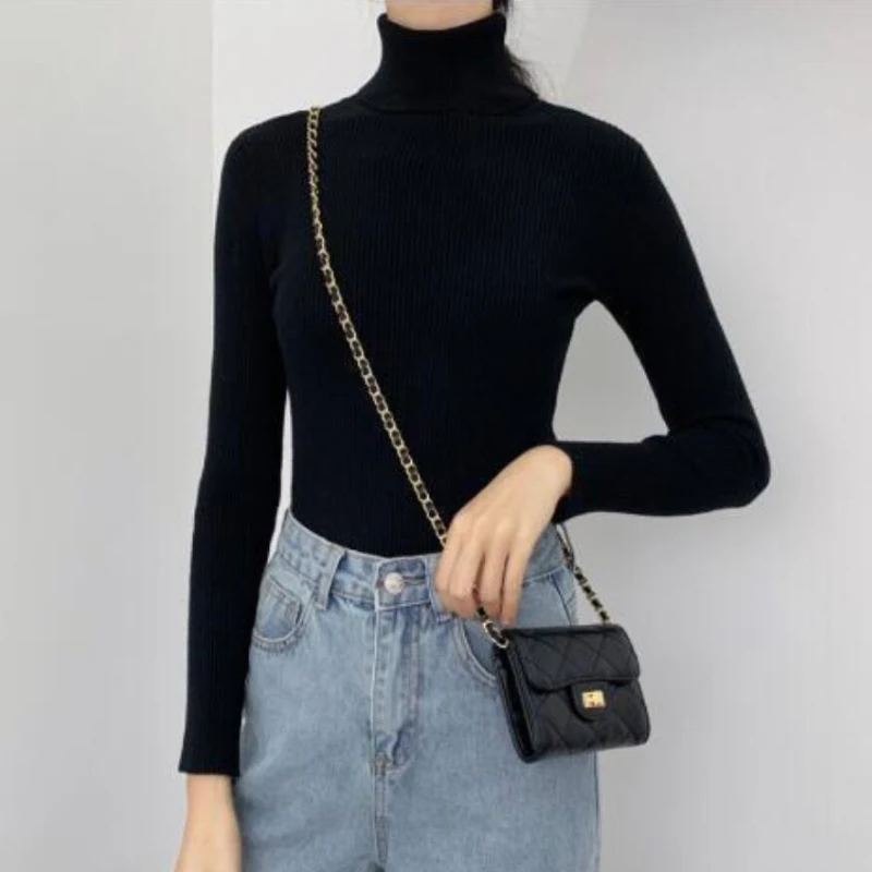 JMPRS Soft Women Pullover Sweater Elastic Long Sleeve Knitted Jumper Fall Turtleneck Black Black New 2023 Sueter Mujer