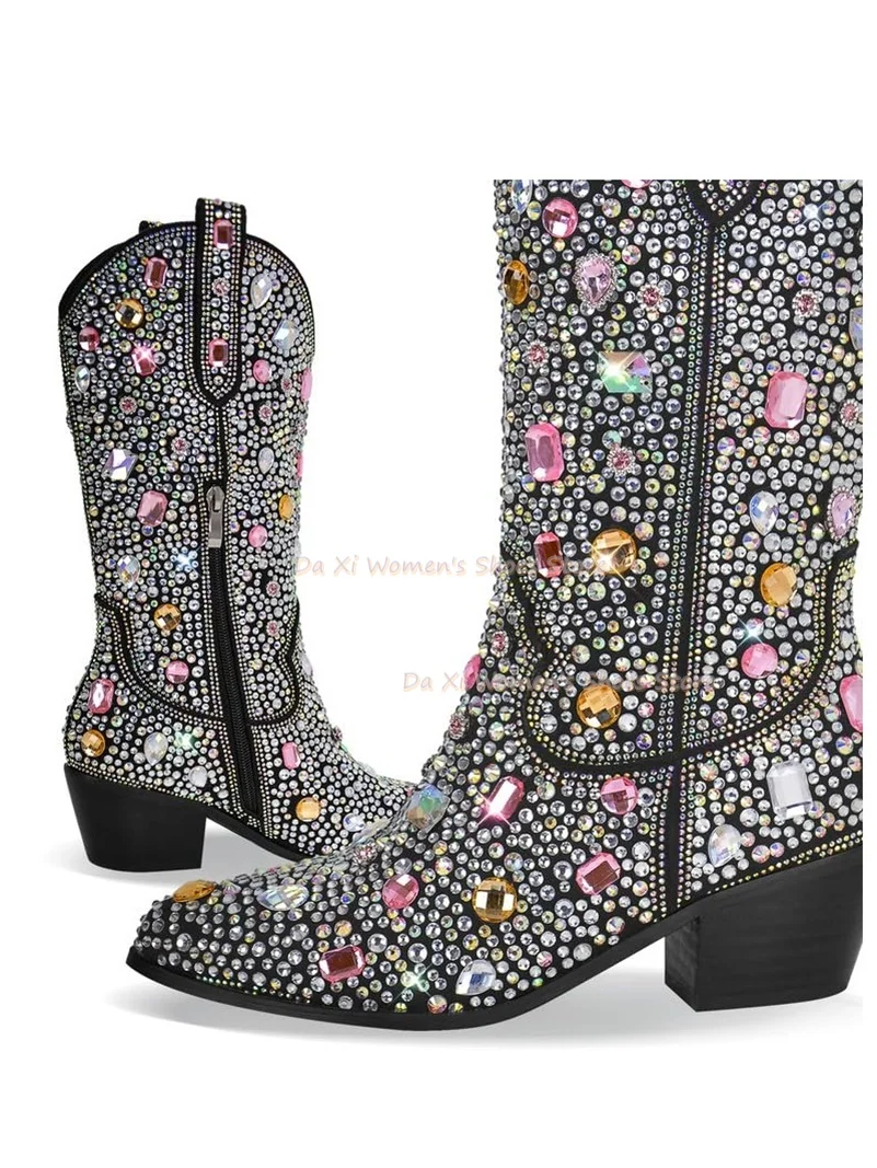 Vintage Cowgirl Boots for Women Multicolor Crystal Rhinestone Gem Embellished Pointed Toe Chunky Heel Mid Calf Western Boots Fes