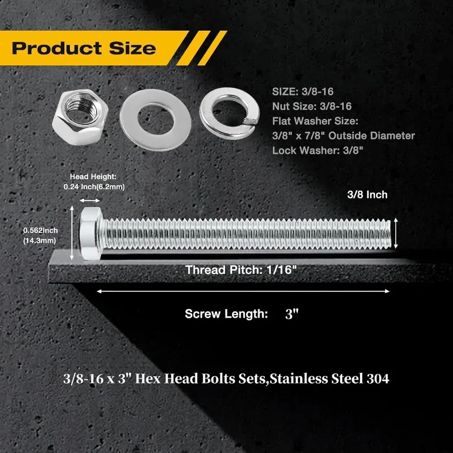 5 Zestawów 3 816 x 3 Kompletny Zestaw Śrub Sześciokątnych, Nakrętek, Podkładek Płaskich, Podkładek Sprężynowych, W Pełni Gwintowanych, Ze Stali Nierdzewnej 188(304), Wykończenie Błyszczące.
