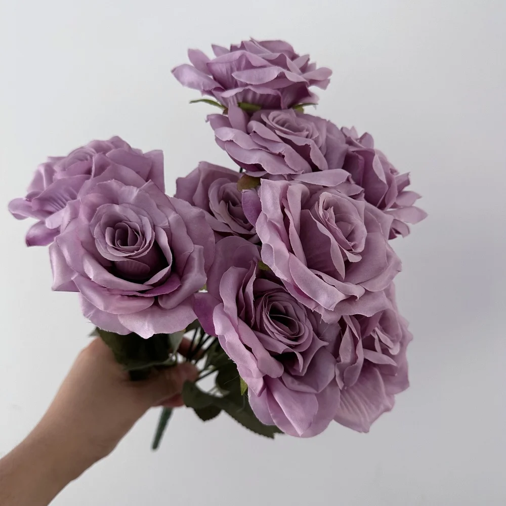 Lebensechte 9 Köpfe Seidenrosen Künstliche Blume Rosa Lila Gefälschte Blumenstrauß Rose Für Zuhause Hochzeit Dekor Valentinstag Party Desktop – Detail 9