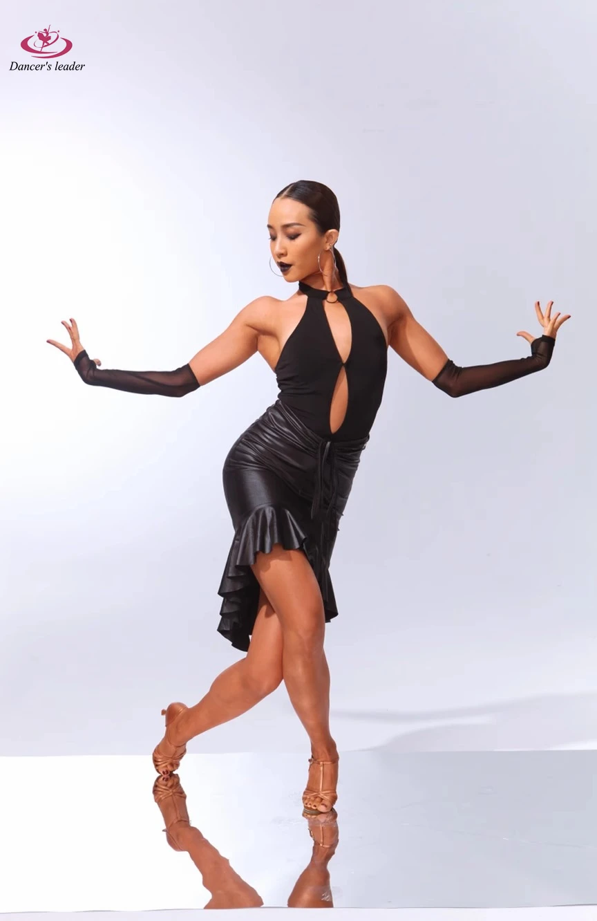 Latin Dance Backless Hollow Hanging Neck Top With Drawstring Fishtail Wrap Buttocks, Shiny Leather Half Skirt Dance Costume