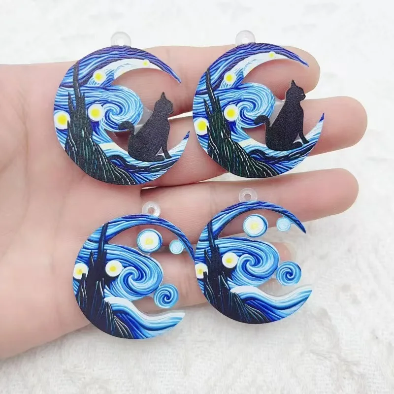 10 pièces Boucles d'oreilles en acrylique à motif Ciel étoilé de Van Gogh, pendentif en acrylique chat noir tendance, bijoux DIY A, vente chaude transfrontalière