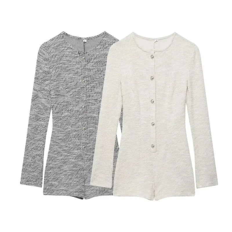 

ZOCI Women Fashion Solid Tweed Single Breasted Shorts Jumpsuits Vintage O-Neck Long Sleeves Female Chic Lady Playsuits