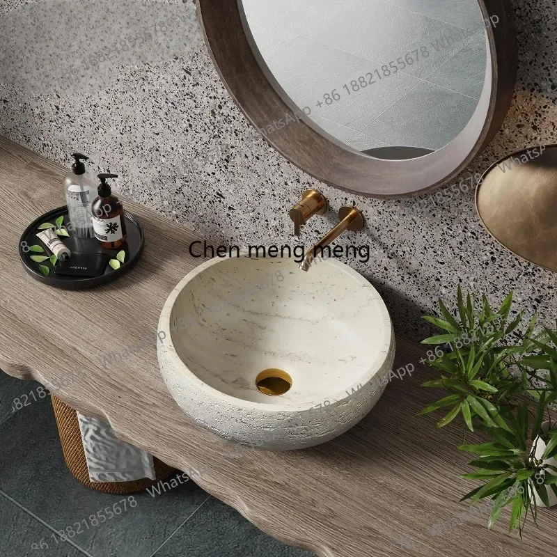 F182 Vintage Round Travertine Vessel Sink, Beige Mid-century Modern Console Basin for Hotel Villa Bathroom, Customizable