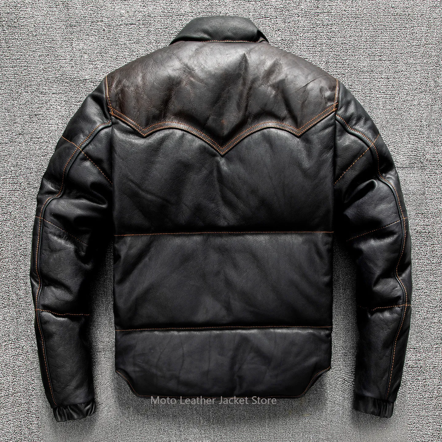 Vintage Distressed Cowhide Leather Down Jacket Men Plus Size Puffer Coat Warm Simple Winter Outwear Genuine Leather Coat