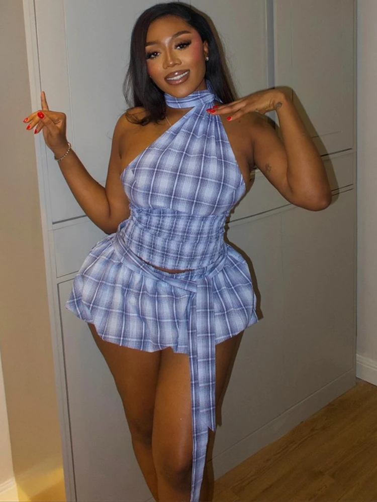 Women's 2026 Summer New Fashionable Off Shoulder Hanging Neck and Waist Folded Plaid Skirt Set Beach Vacation Two Piece Set