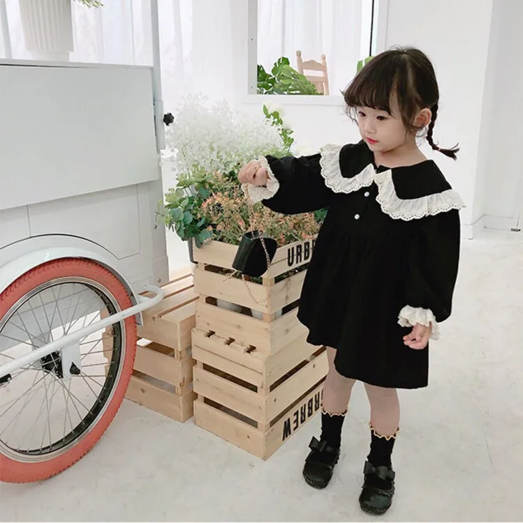 Girls lace collar solid color dress Spring and autumn Korean version of children long-sleeved princess skirt