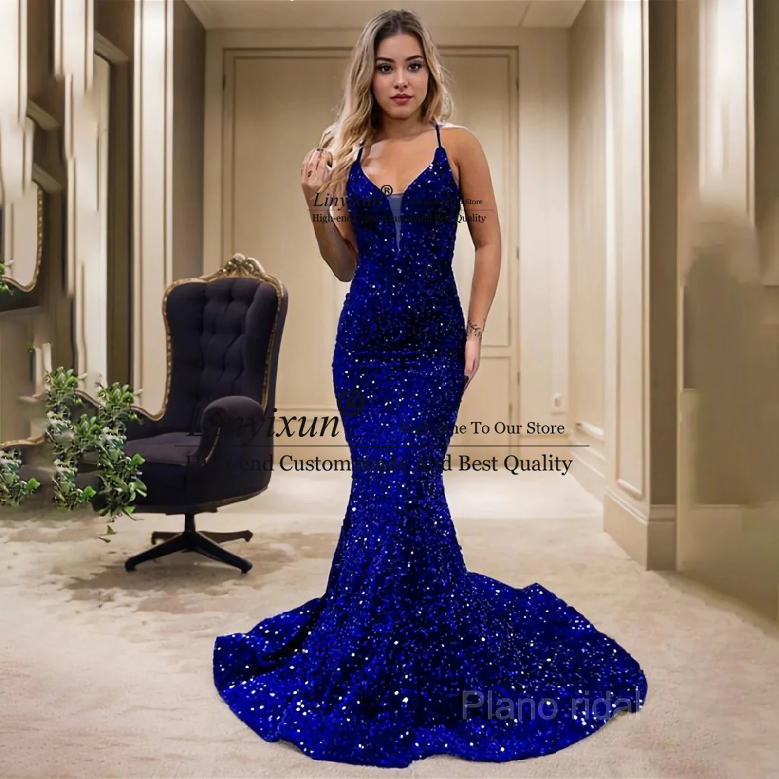 

Elegant Trumpet/Mermaid Prom Dresses V-Neck Velvet Sparkly Glitter Sequin Formal Evening Party Gowns Court Train robes de soirée