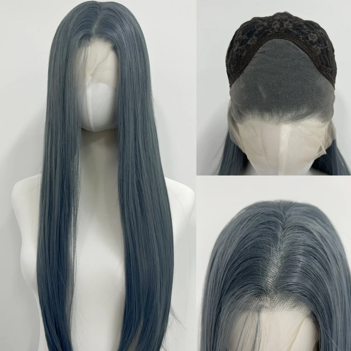 Пепельно-синий парик фронта шнурка для женщин Специальный синий 26 дюймов 13x4 Длинные прямые синтетические парики шнурка Природные волосы Фронтальный парик Косплей