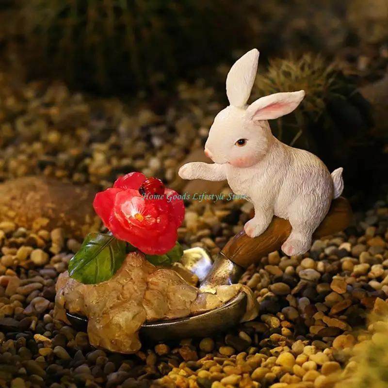 

E74E Мультяшная статуя кролика на солнечной батарее, милое животное, смола, сидящая лопата, фигурка белого кролика, скульптура,