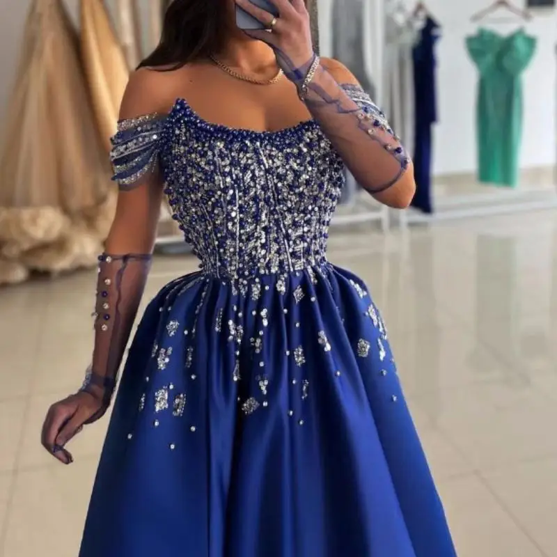 Customized Luxury Blue Beaded Prom Dress Off Shoulder Pearls Crystal Satin Slit Party Special Occasion Dress Formal Evening Wear