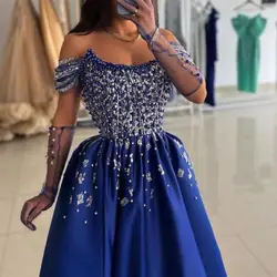 Customized Luxury Blue Beaded Prom Dress Off Shoulder Pearls Crystal Satin Slit Party Special Occasion Dress Formal Evening Wear