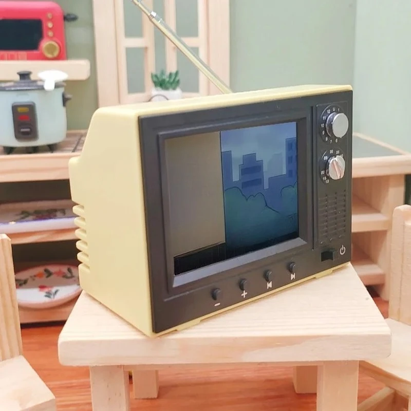 for Mini Tv Toy 1:12 Miniature TV Playable Video Mini Television Model Living Room Home Appliances Decor Toy