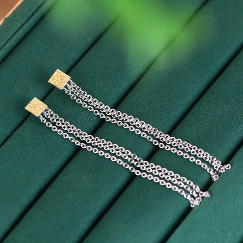 

82MM Super Long Silver Chains Tassel Earrings for Women Gold Plated 925 Silver Square Grass Vines Studs Elegant Ethnic Brincos