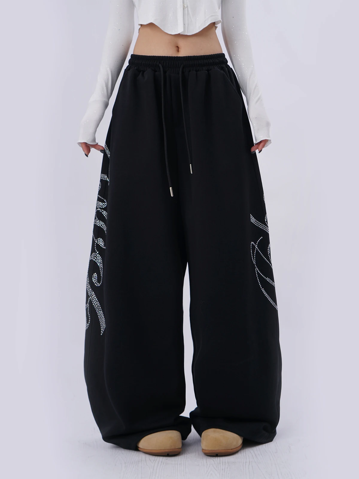 American Style Rhinestone Casual Sports Pants Women Loose Cuffed Black Sweatpants Sexy Girl Jazz Street Dance Hiphop Wide Leg...