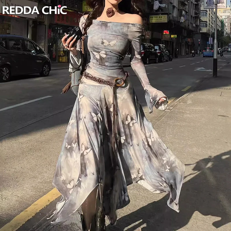 REDDACHiC Fairy Butterfly Women Long Dress Retro Y2k Mesh Stretch Off-shoulder Long Sleeves Flowy Ruffle Korean Desire One-piece