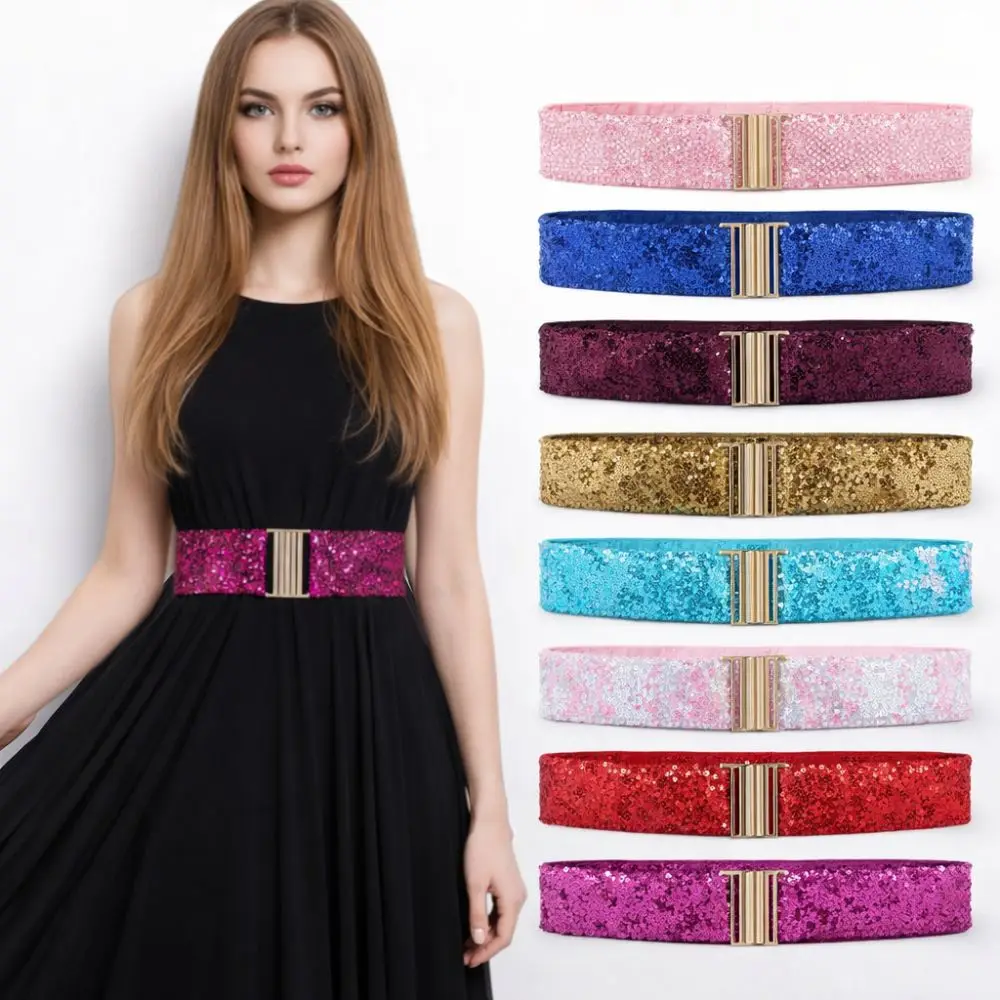 60cm Elastic Sequin Stretch Belt Gold Buckle Disc Versatile Shinny Waistband Eye Catching Professional Women's Belt Dresses